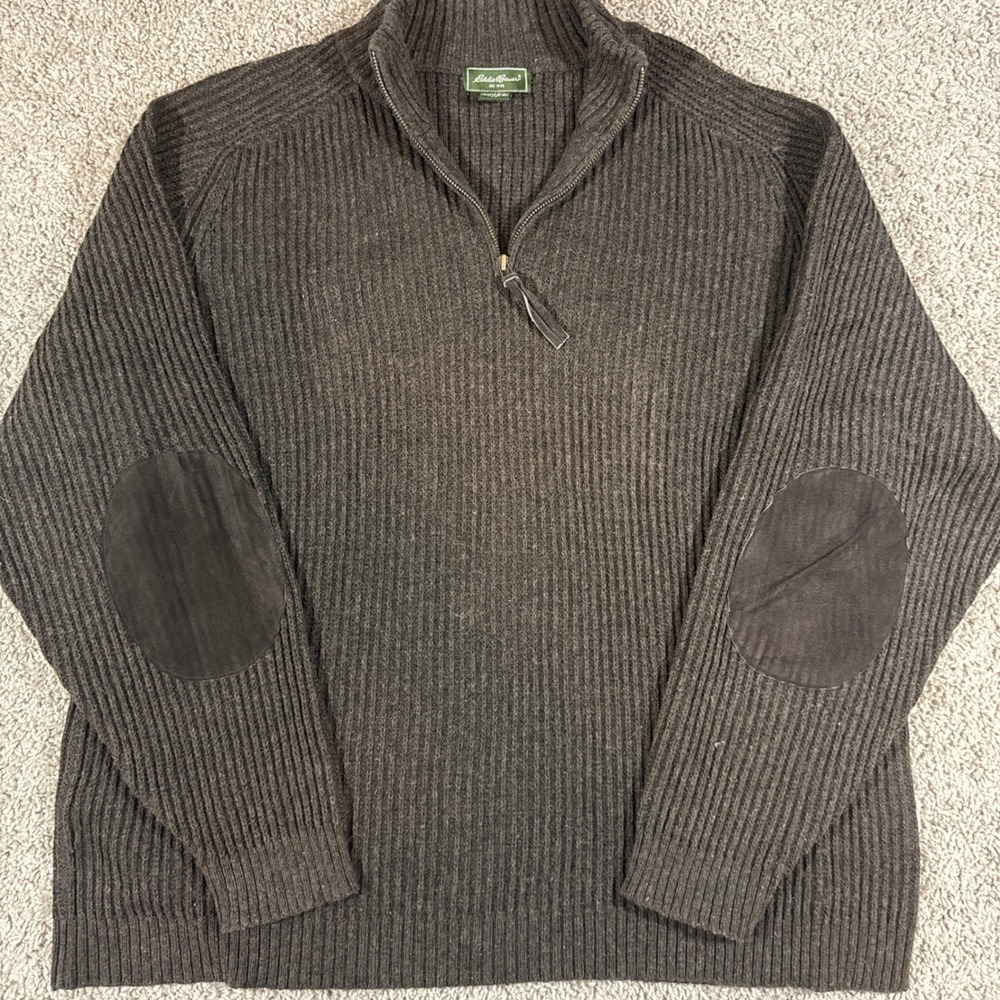 Eddie Bauer Quarter Zip Sweater Mens XL Brown Lambswool Ribbed Elbow Patches
